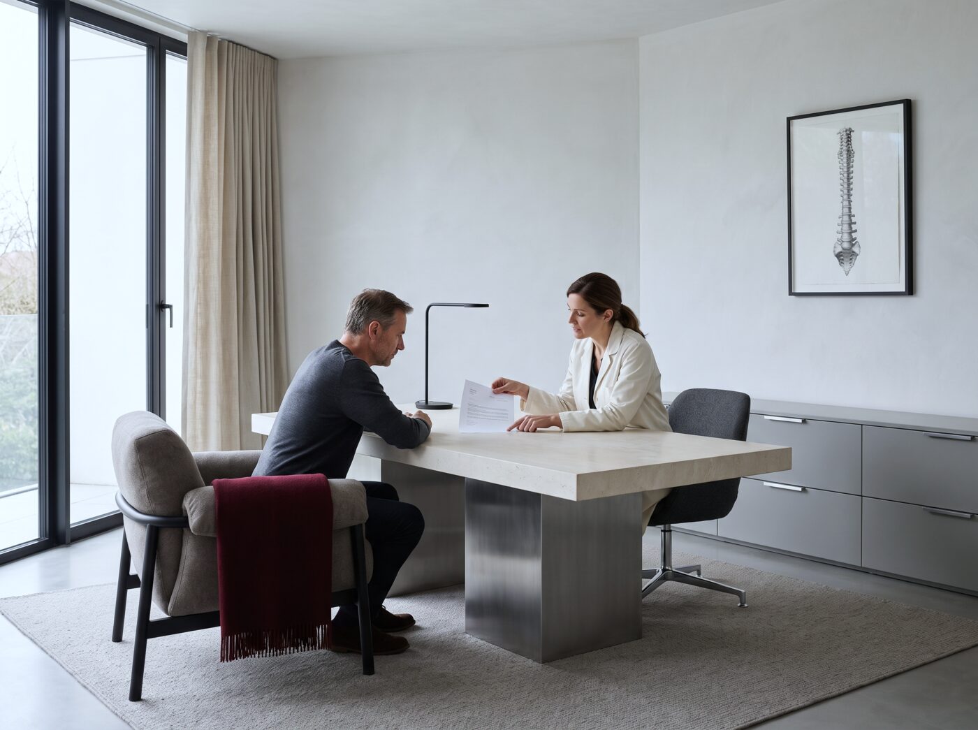 A doctor turning a printed plan towards a patient across the desk