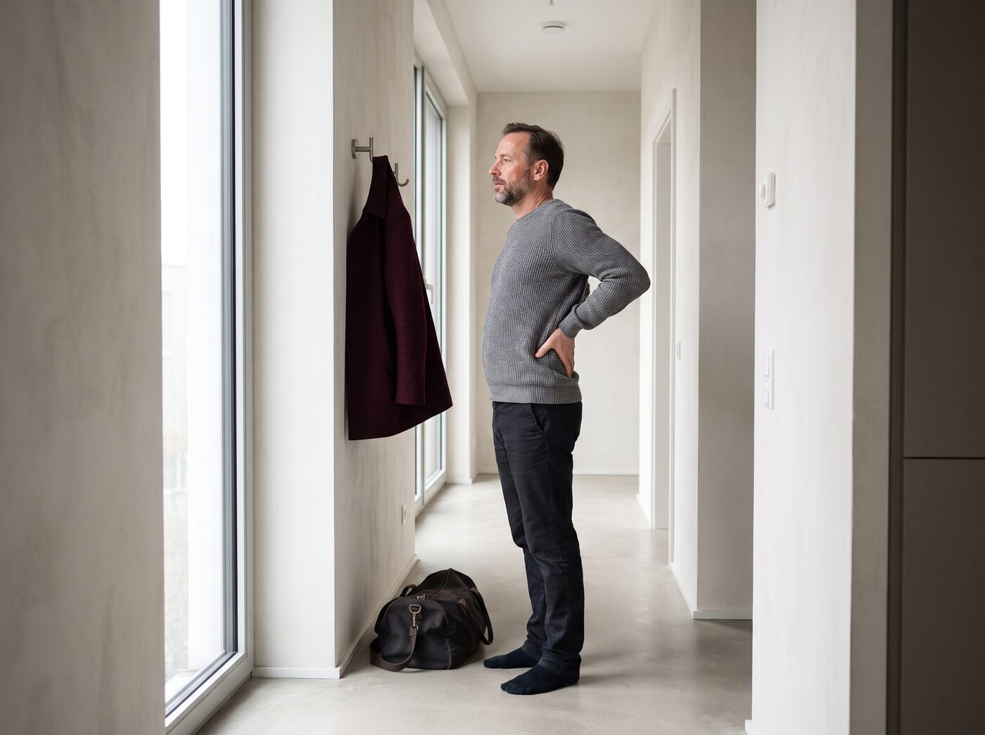 A man in a bright hallway with one hand flat at his lower back