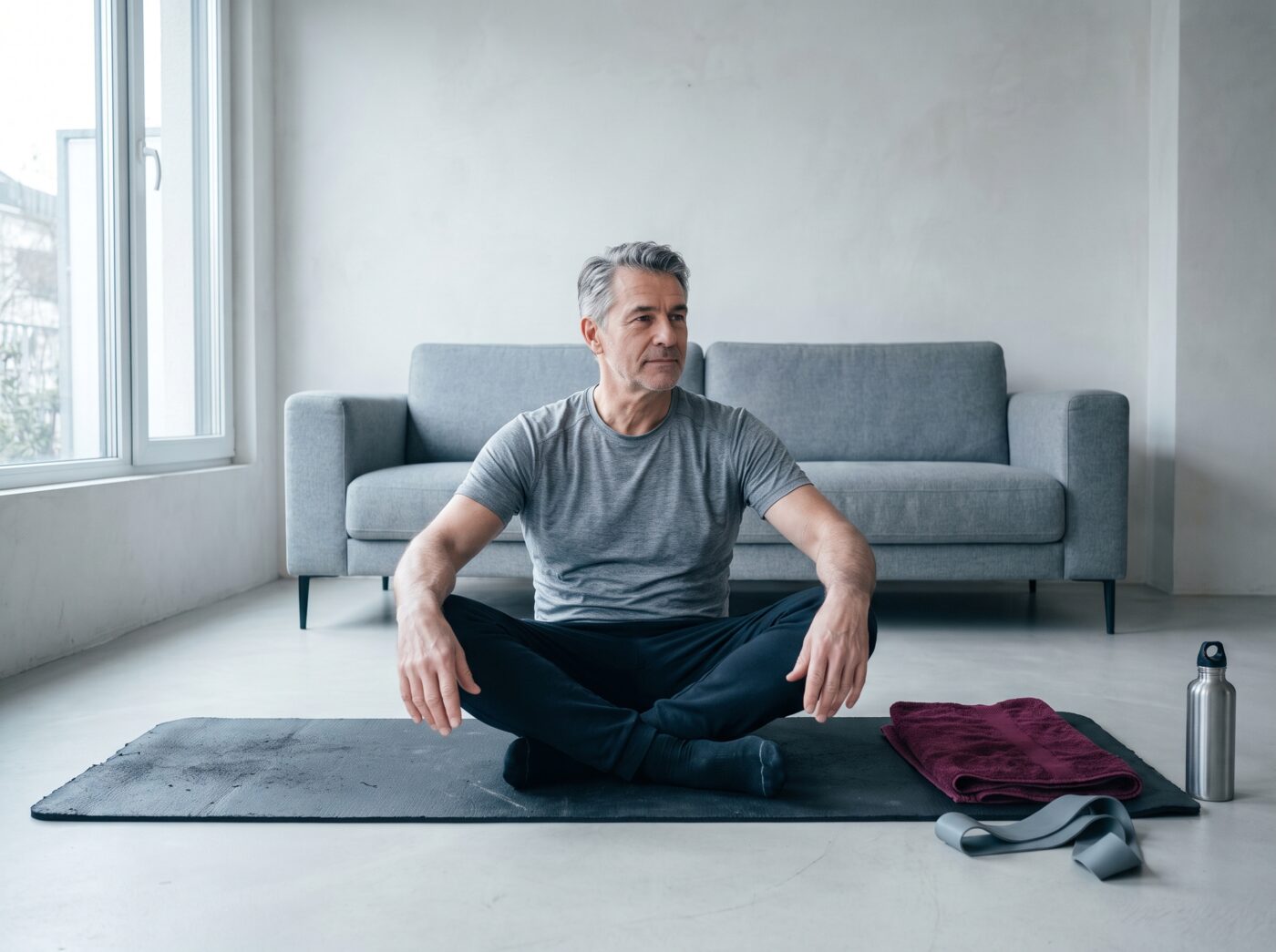 A man sitting up from a stretch on an exercise mat at home