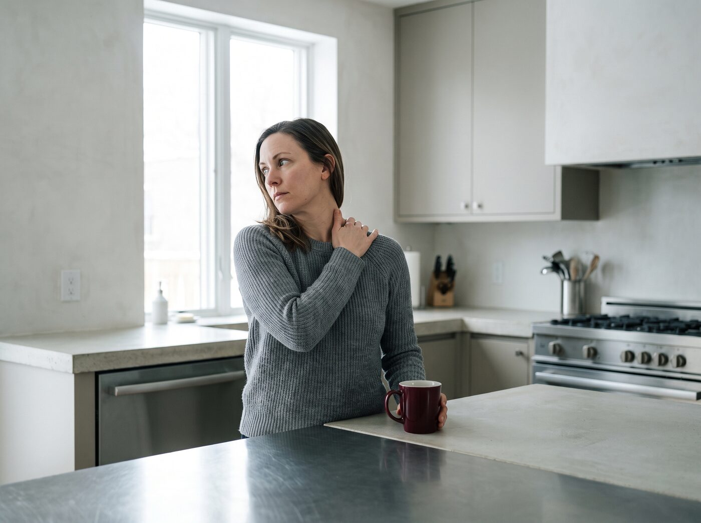 A woman at a kitchen counter turning her head with a hand at her neck