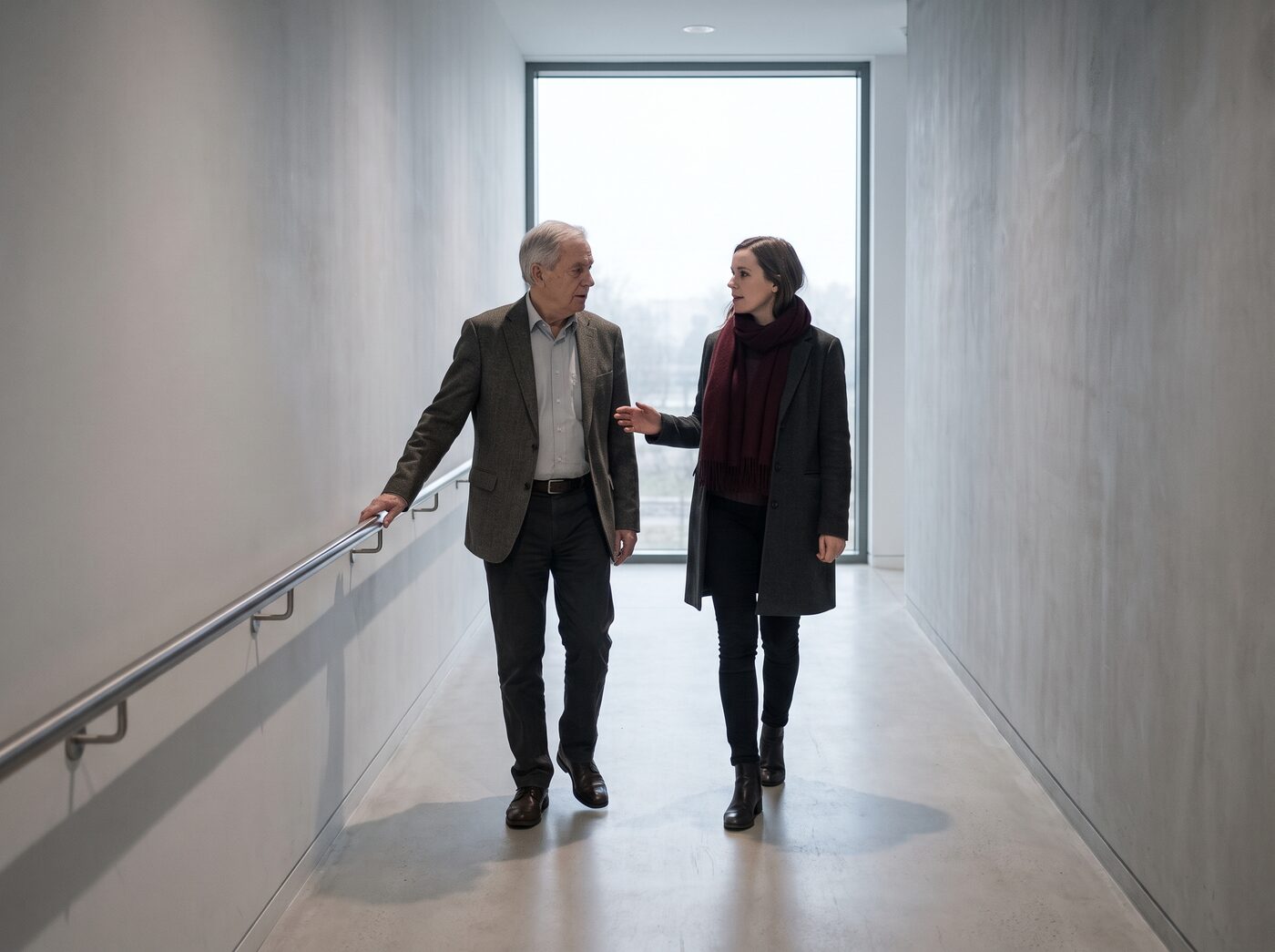 An older man walking a hallway with a hand on the rail