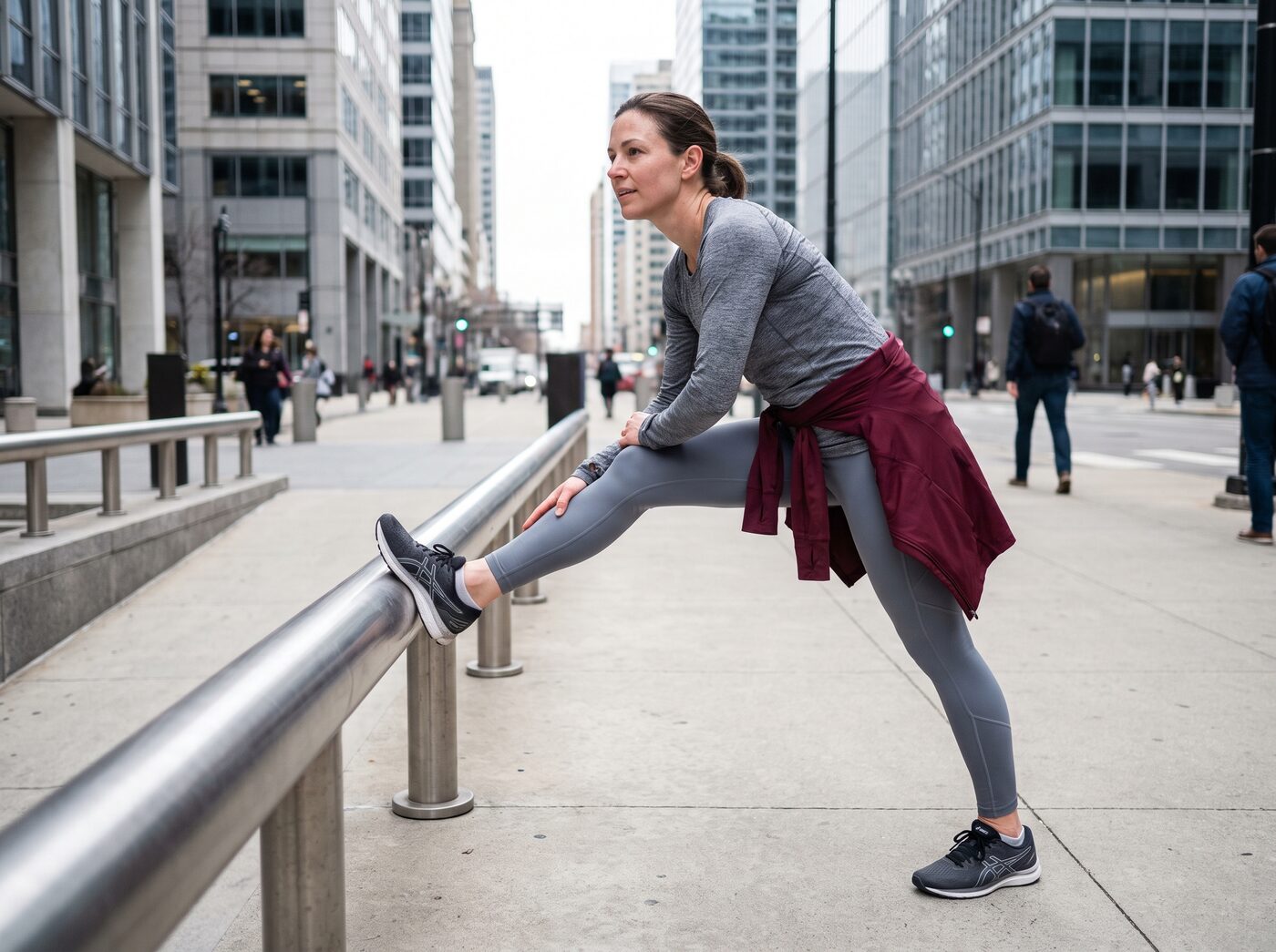 A runner stretching against a railing on a city street