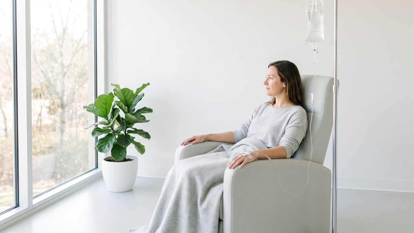 A patient seated in an armchair by a window with an infusion line taped to the back of the hand