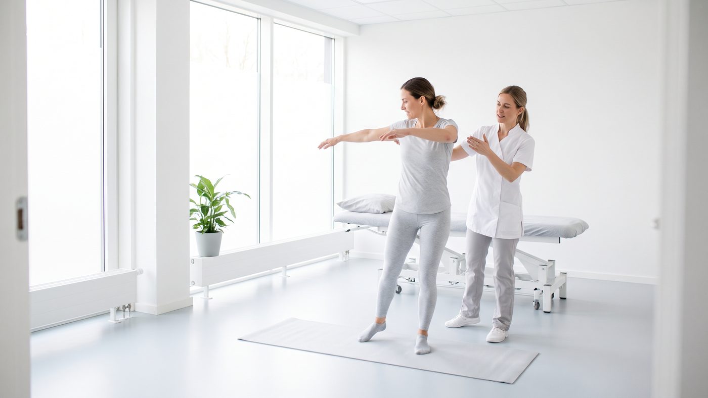 A patient raising both arms in a bright clinic room while a therapist guides the movement