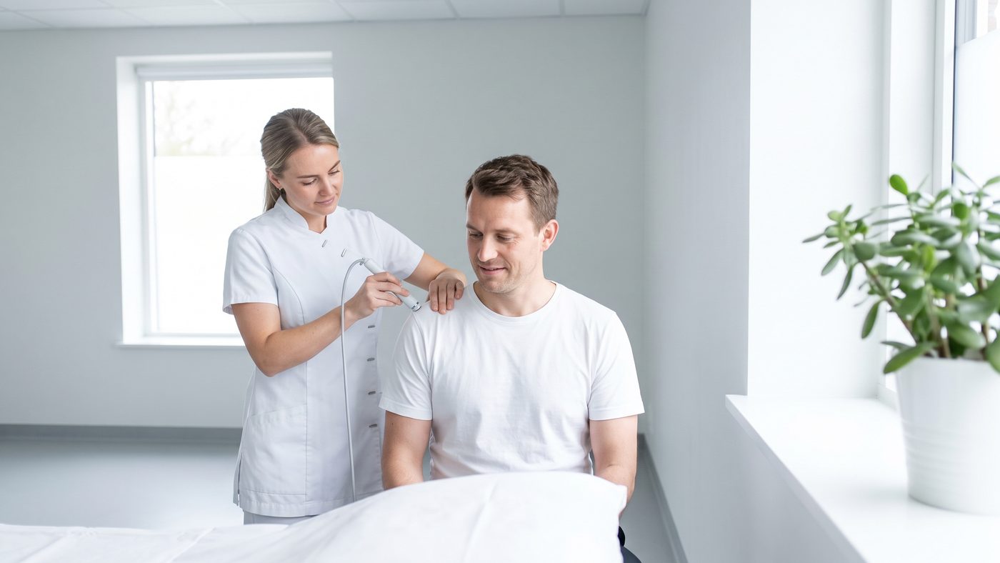 A therapist pressing a handpiece against the shoulder of a seated patient