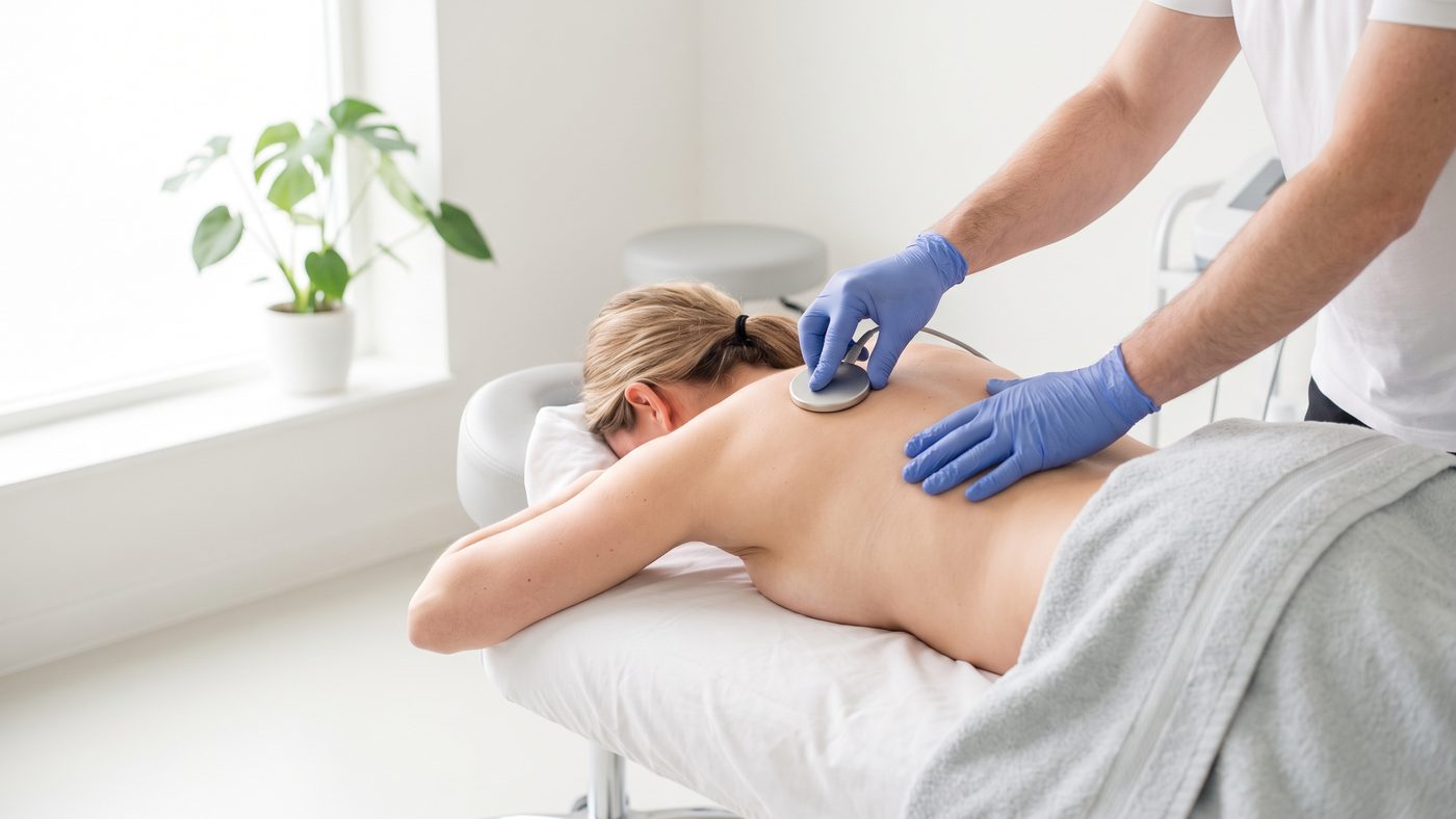 A therapist moving a round electrode across a patient&rsquo;s upper back on a treatment couch